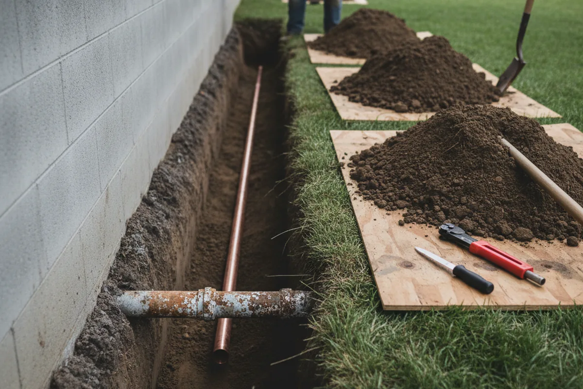 Excavated water line trench during Water Softener Installation in Forest Knolls